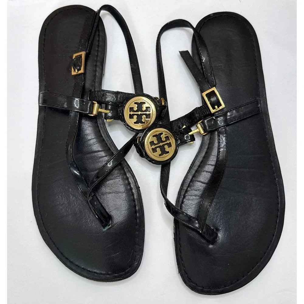 Tory Burch Ali Black Leather Flat Slingback Thong Sandals 7M Gold Tone Hardware